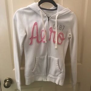 White and pink Aeropostale zip-up hooded jacket